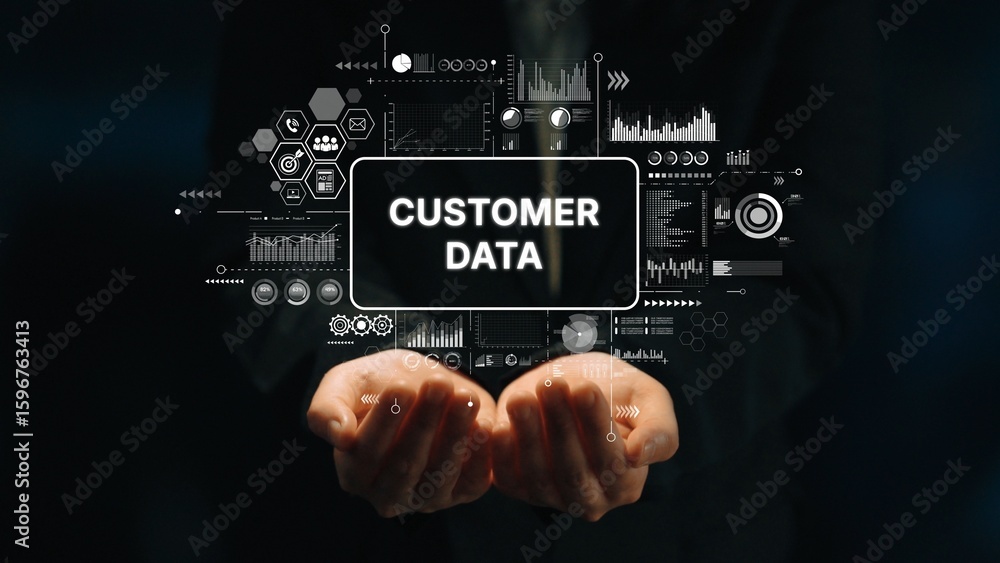 Poster hands presenting digital interface with customer data and analytic elements in modern business conce