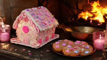 Colorful Gingerbread House with Candies and Cookies Beside Fireplace