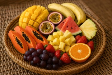 Colorful arrangement of sliced mango, papaya, passion fruit, bananas, pineapple, watermelon, strawberries, grapes, and orange on a wicker tray