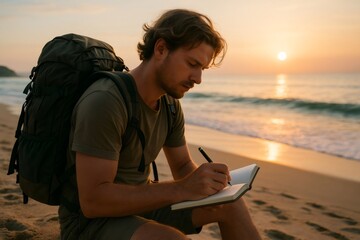 Young backpacker sitting on the beach at sunset, penning thoughts in a travel journal while enjoying the serene ocean view