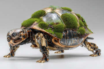 Futuristic robotic turtle with metal limbs and moss-covered shell on white background