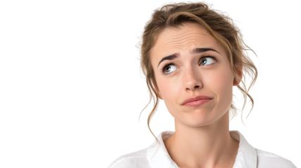 Young woman with raised eyebrow looking confused and thoughtful, curly hair tied back, wearing white shirt, isolated on transparency background