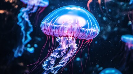Vibrant Pink And Blue Jellyfish Underwater Close Up