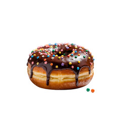 A delicious chocolate donut with colorful sprinkles sits isolated on transparent background