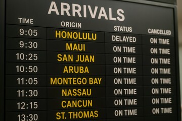 Airport arrivals board showing mainly on time flights from tropical destinations like Aruba, Cancun, Honolulu, Maui, San Juan, Nassau, Montego Bay and St. Thomas