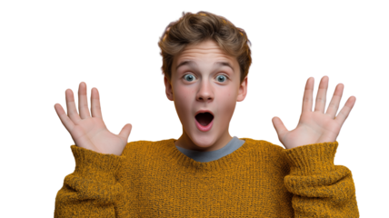 Teen boy surprised face with open mouth and raised hands wearing cozy yellow sweater, expressing shock and fun emotion in isolated studio portrait
