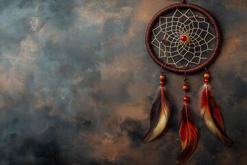 Bohemian Dreamcatcher with Feathers on Textured Earthy Background
