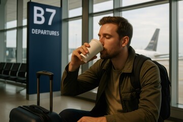 Young man sipping coffee at the airport terminal, relaxing and waiting for his flight departure while surrounded by luggage and travelers