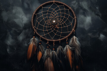 Bohemian Dreamcatcher with Feathers on Dark Textured Background