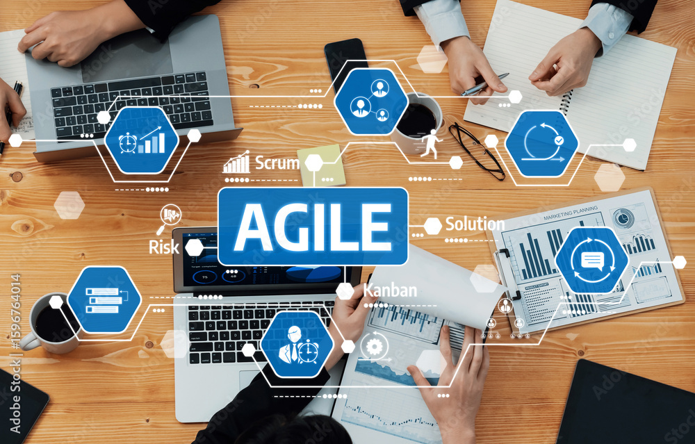 Poster this image depicts a collaborative meeting focused on agile methodology, highlighting project manage