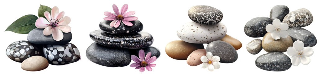 Set of zen spa stones with pink and white flowers on black background
