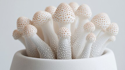 Close-Up of a Cluster of Small White Mushrooms with Brown Dots in a White Pot 