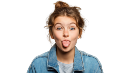 Young girl making silly face with eyes crossed and tongue sticking out, wearing denim jacket and expressing playful emotion in close up portrait