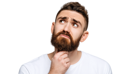 Man furrowing eyebrows scratching beard with thoughtful expression, wearing white shirt isolated on transparency background, showing contemplation and curiosity