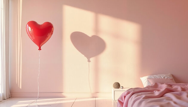 Red heart-shaped balloon casting shadow in pink bedroom   - Powered by Adobe