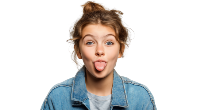 Young girl making silly face with eyes crossed and tongue sticking out, wearing denim jacket and expressing playful emotion in close up portrait