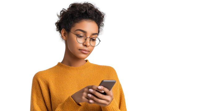 Young woman with curly hair wearing glasses and orange sweater looking at smartphone with calm expression, isolated on transparency background