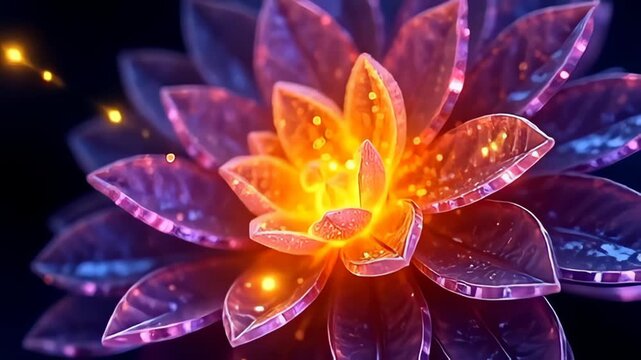 Imagine a vibrant cascade of luminous colors, as a spiral molecule expanding like blooming crystal flower unfolds dynamically, each petal-like extension pulsating with intensity while a