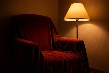 Warm light illuminating red velvet armchair with blanket in dark room, creating cozy and inviting atmosphere
