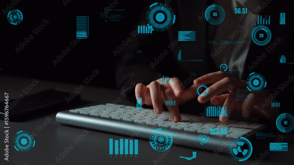 Poster hands typing on keyboard surrounded by glowing data visualization elements, representing technology 