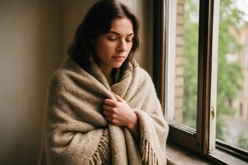 Cozy woman covered with blanket looking out the window during a cold day, feeling serene and peaceful