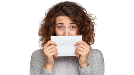 Woman with curly hair holds white envelope close to her face, showing tearful eyes and emotional expression, isolated on transparency background