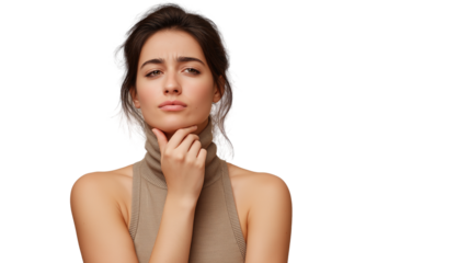 Young woman with slumped shoulders wearing sleeveless turtleneck sweater, hand under chin, looking thoughtful with blank face expression