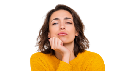 Young woman resting chin on hand with eyes half closed showing boredom and tiredness wearing yellow sweater