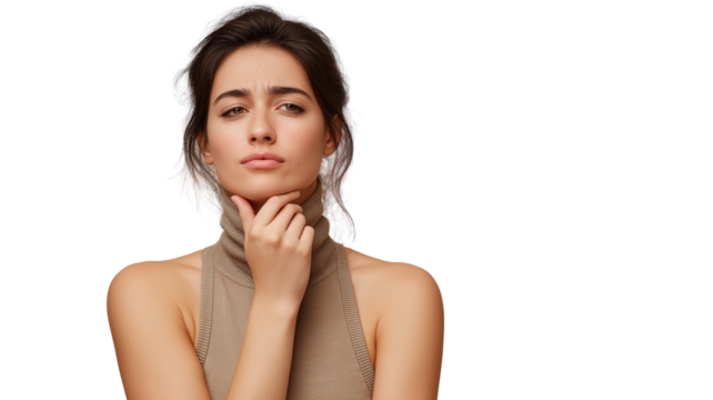 Young woman with slumped shoulders wearing sleeveless turtleneck sweater, hand under chin, looking thoughtful with blank face expression