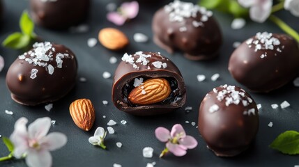 healthy dessert, dates covered with chocolate with an almond on the inside