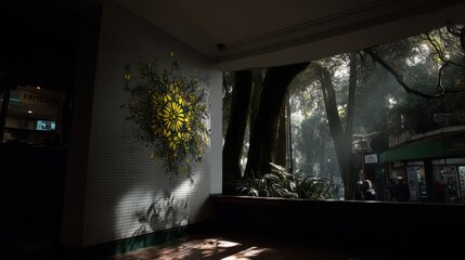 Sunlight Filtering Through Trees with Artistic Wall Decoration