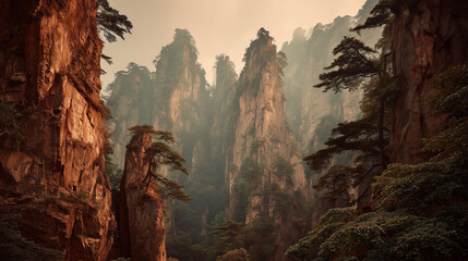 A mystical cliff forest, with towering pillars of weathered red sandstone, wrapped in ancient tree roots.