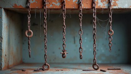 Rusty chains hanging against blue metal background  