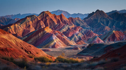 A photo of colorful layered mountains, viewed from a low valley angle, emphasizing steep rainbow ridges and sediment waves.