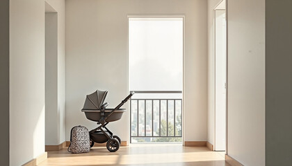 Modern baby stroller with backpack in bright hallway  