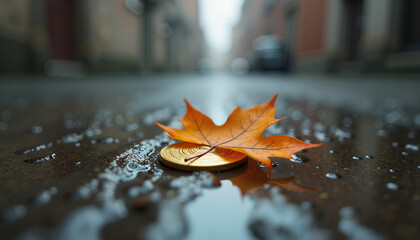 Orange maple leaf resting on wet pavement in autumn street  