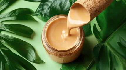 Light Brown Cream Pouring into Cork Jar Against Tropical Leaves -