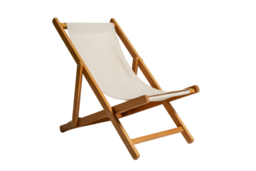 Wooden deck chair with white canvas seat isolated on transparent background Summer relaxation and vacation concept on transparent background