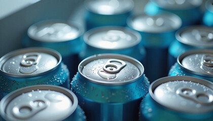 Cans of cold beverage with condensation in a carton pack  