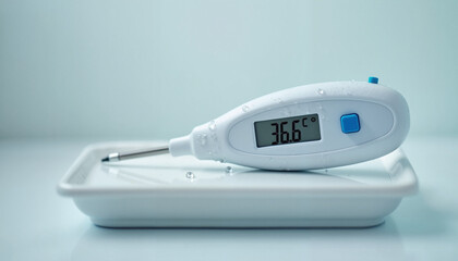 Digital thermometer displaying 36.6°C on tray in clinical setting  