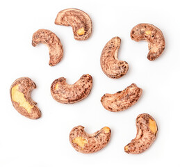 Top view of cashew nuts isolated white background.