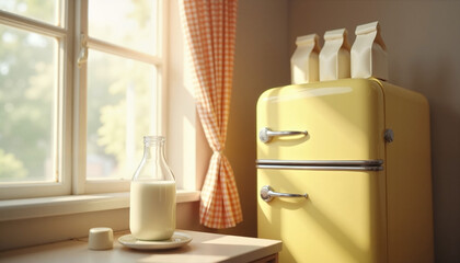Vintage yellow refrigerator with milk and a sunny window view  