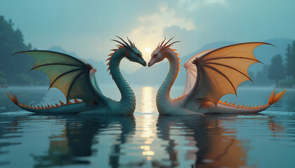 Two majestic dragons facing each other in serene lake at sunrise  
