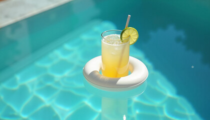 Refreshing yellow cocktail with lime slice on poolside float  