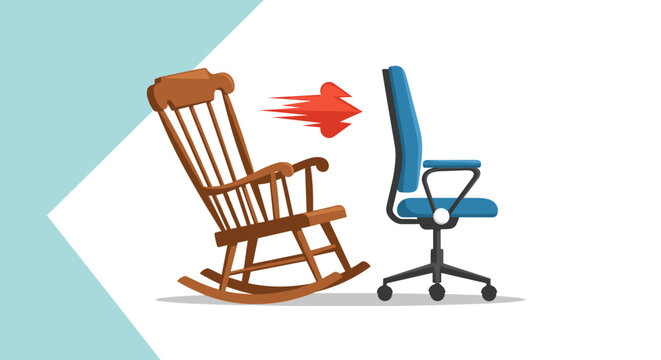 Humorous contrast between vintage rocking chair and modern office chair racing in a playful competition.