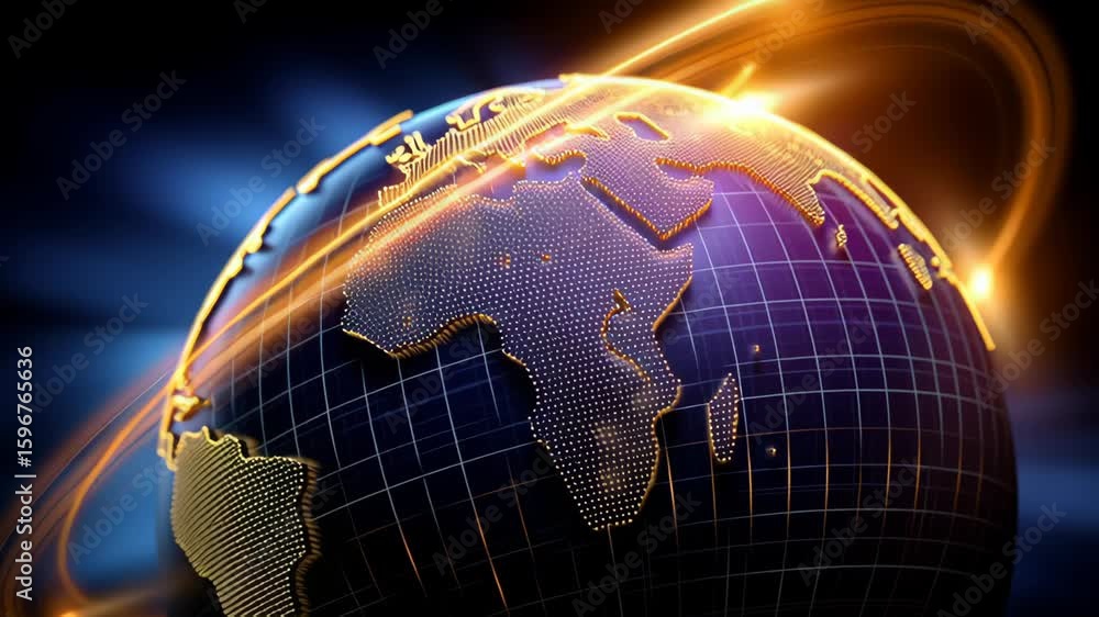 Poster digital globe showcasing connectivity and technology across continents, illuminating earth with vibr