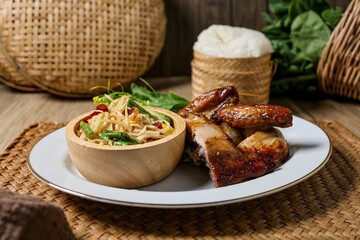 Papaya salad, Som Tam , som tum with grilled chicken and sticky rice, isan food