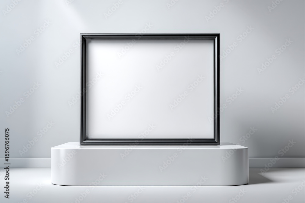 Poster blank rectangular frame on white podium in minimal clean background scene