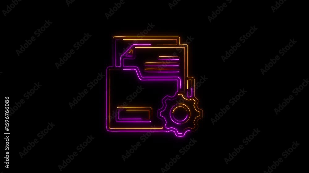 Poster neon document and gear icon a symbol of document management and automation, representing efficiency,