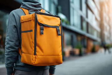 Food delivery worker with insulated backpack standing on city sidewalk in daylight